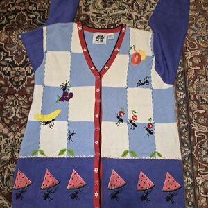 Storybook Knits Ants Picnic Cardigan with Fruit Embroidery